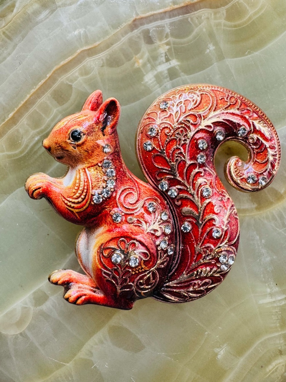 Red Jeweled Squirrel Brooch Alloy Enamel 2” tall
